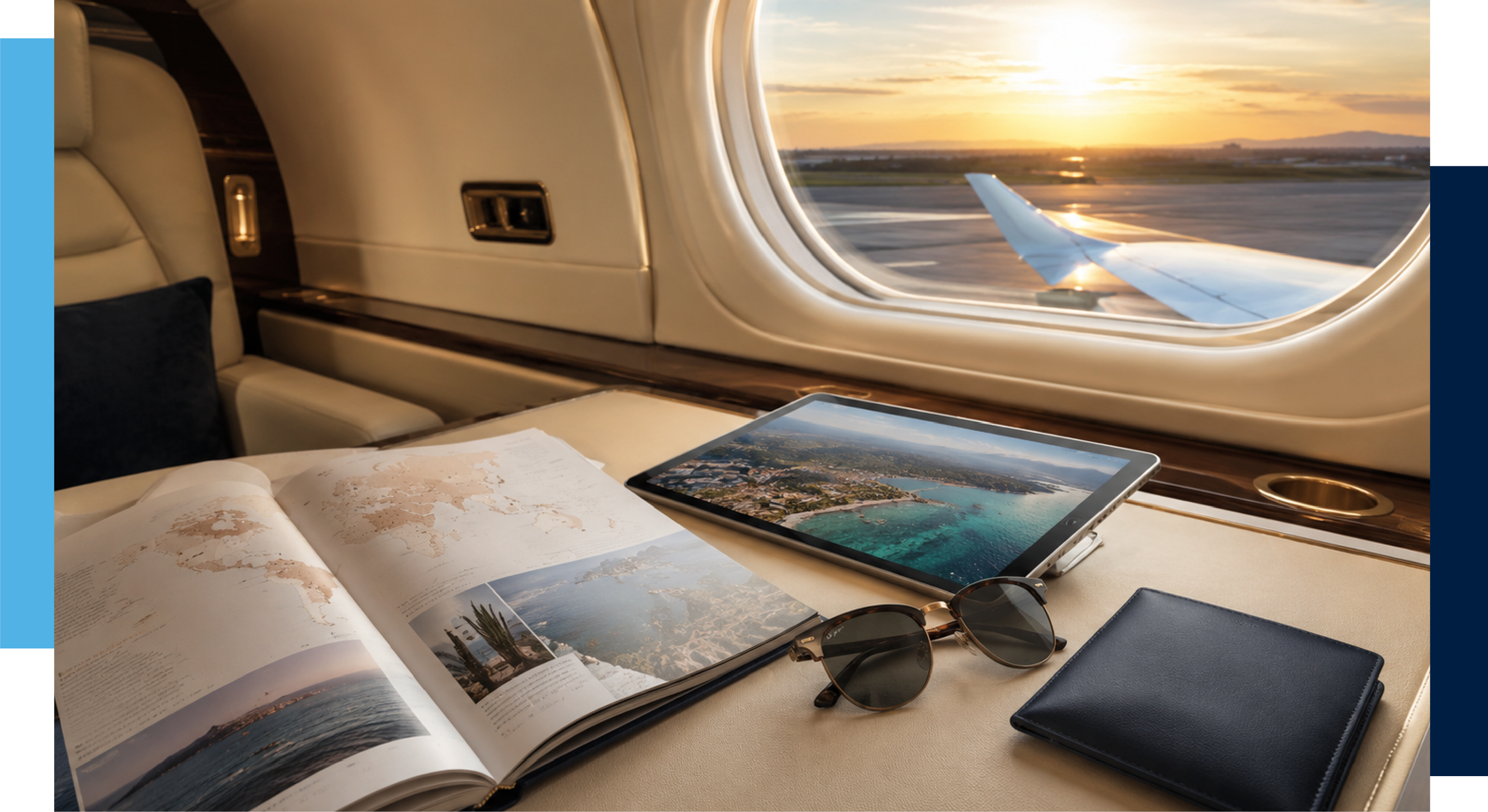 Cabina de jet privado con revista de viaje y tablet junto a la ventana