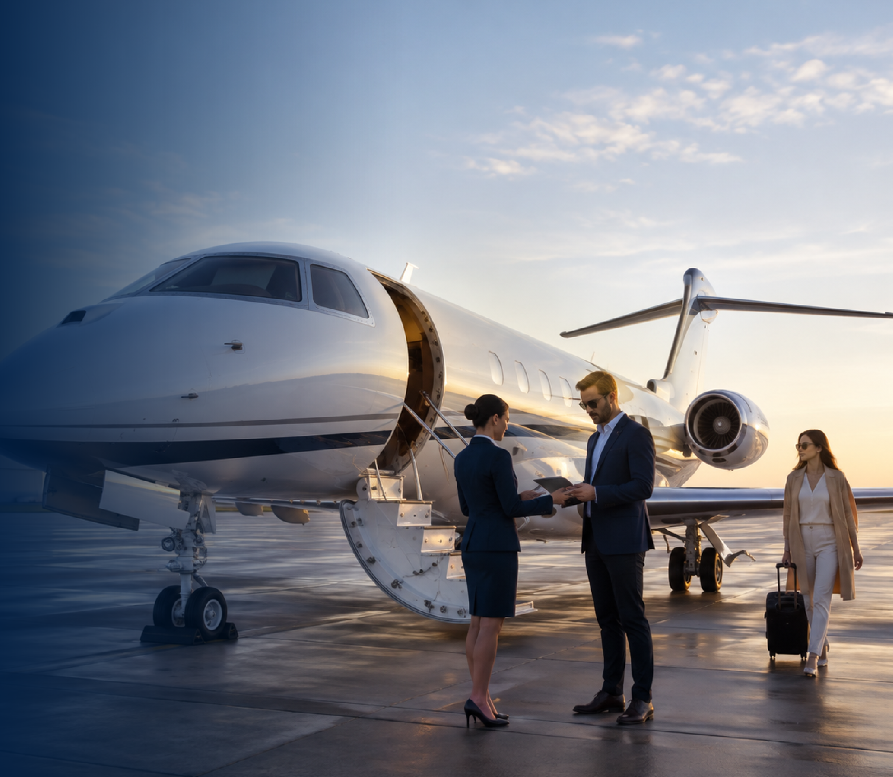 Pasajeros abordando un jet privado al atardecer